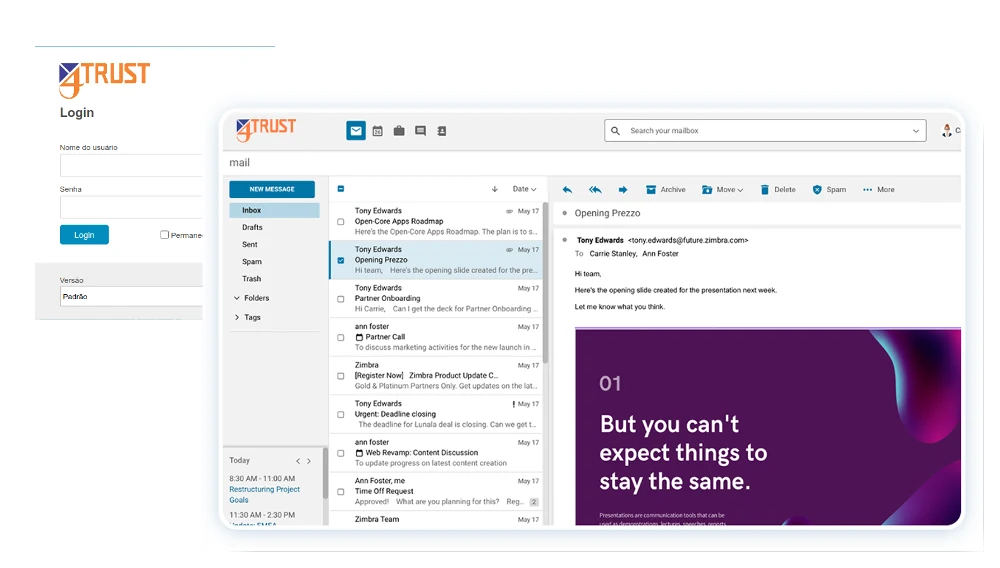 Interface do Zimbra com login e webmail personalizados
